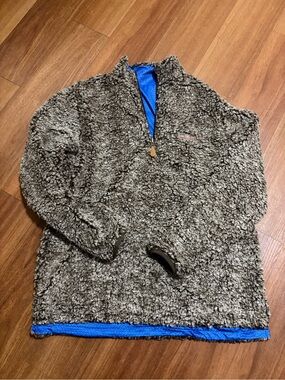 USA Palm Reversible Sherpa Quarter Zip-Up Pullover - Brown & Blue Size Med EUC